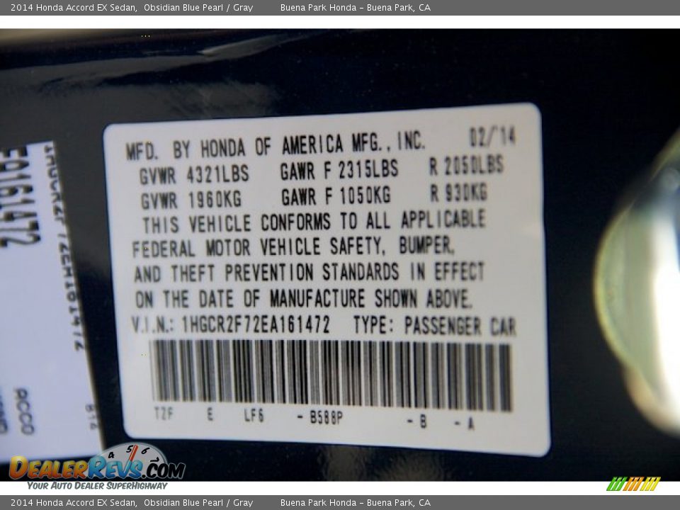 2014 Honda Accord EX Sedan Obsidian Blue Pearl / Gray Photo #21