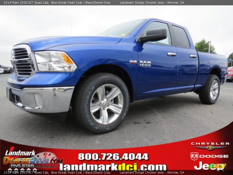 2014 Ram 1500 SLT Quad Cab Blue Streak Pearl Coat / Black/Diesel Gray Photo #1
