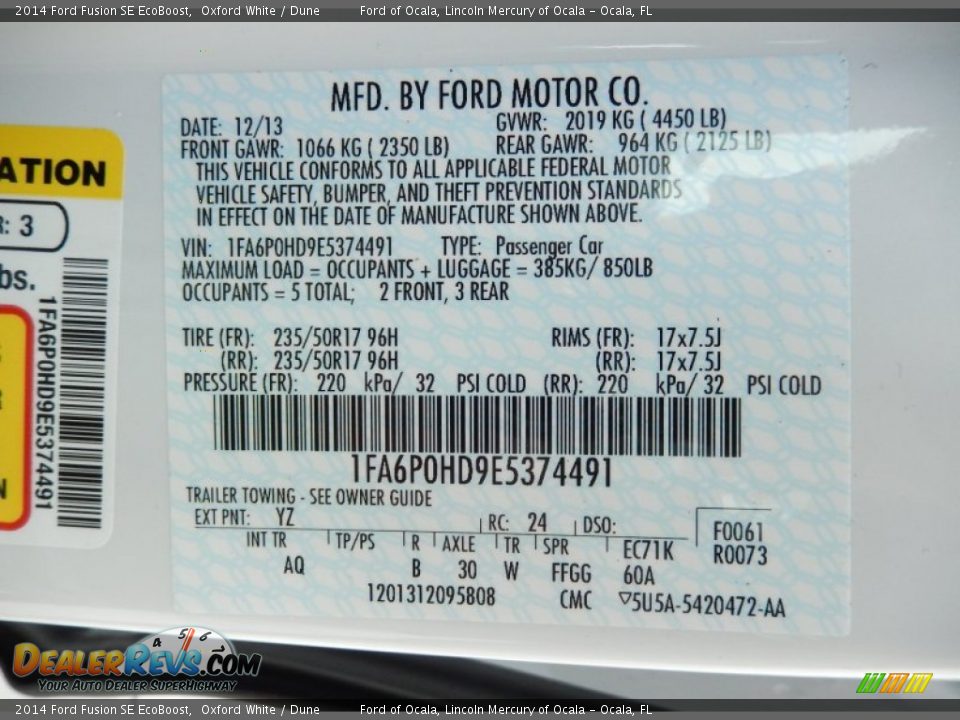 2014 Ford Fusion SE EcoBoost Oxford White / Dune Photo #12