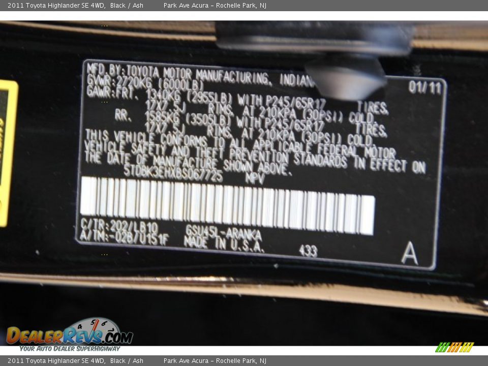 2011 Toyota Highlander SE 4WD Black / Ash Photo #34