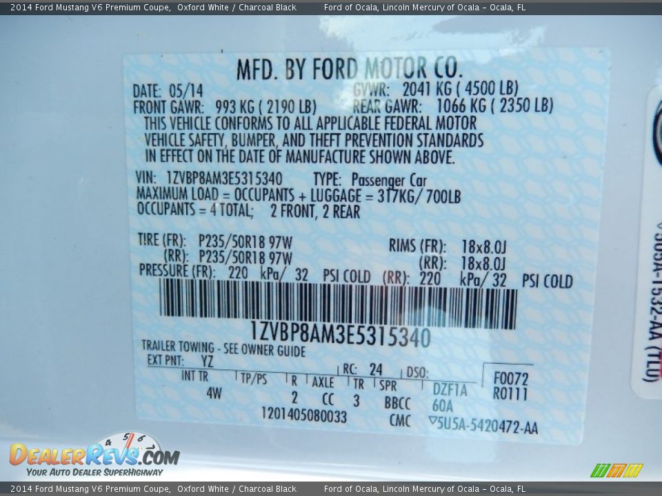 2014 Ford Mustang V6 Premium Coupe Oxford White / Charcoal Black Photo #12