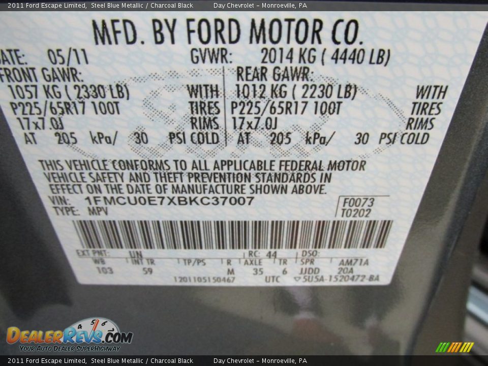 2011 Ford Escape Limited Steel Blue Metallic / Charcoal Black Photo #19