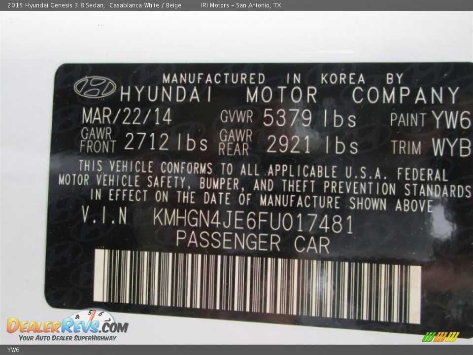 Hyundai Color Code YW6 Casablanca White