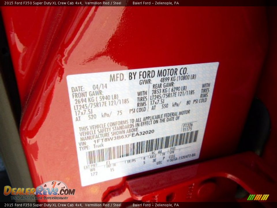 2015 Ford F350 Super Duty XL Crew Cab 4x4 Vermillion Red / Steel Photo #20