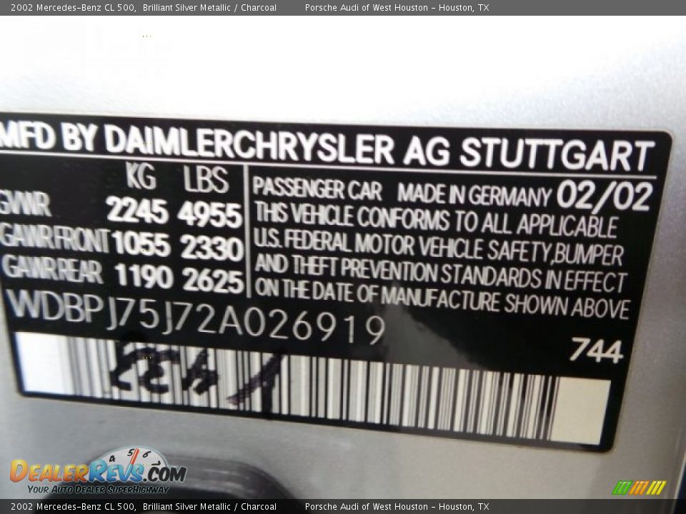 2002 Mercedes-Benz CL 500 Brilliant Silver Metallic / Charcoal Photo #36