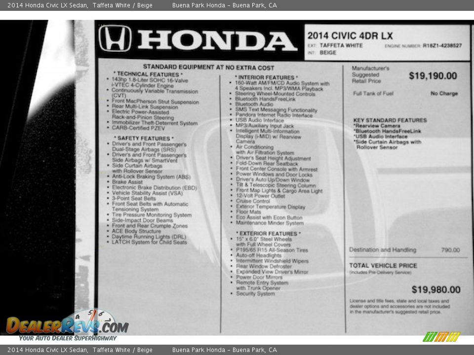 2014 Honda Civic LX Sedan Taffeta White / Beige Photo #18