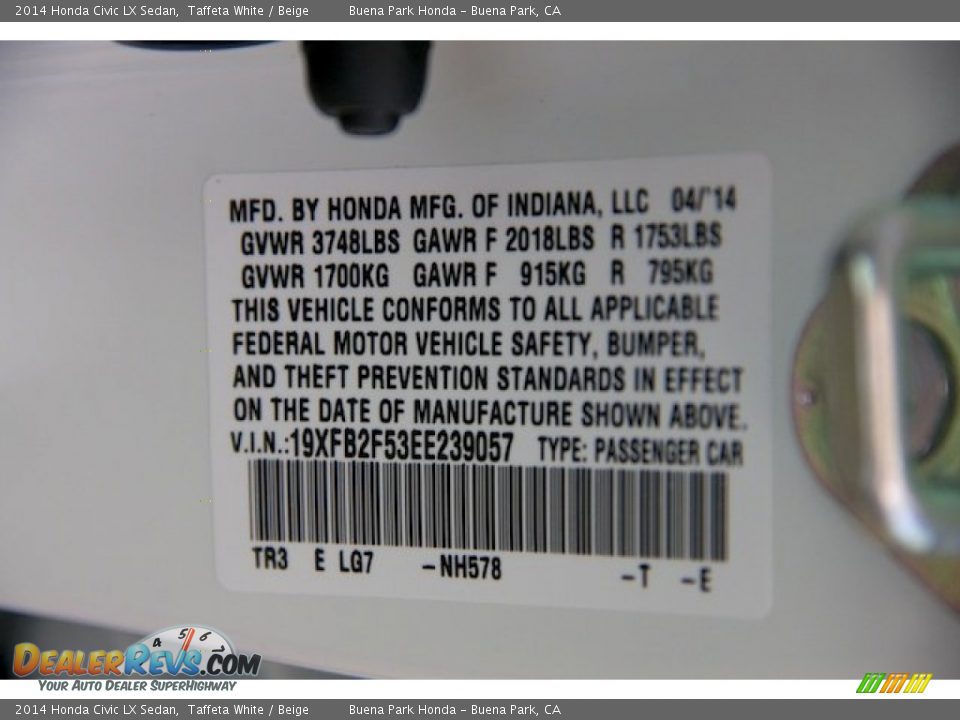 2014 Honda Civic LX Sedan Taffeta White / Beige Photo #20