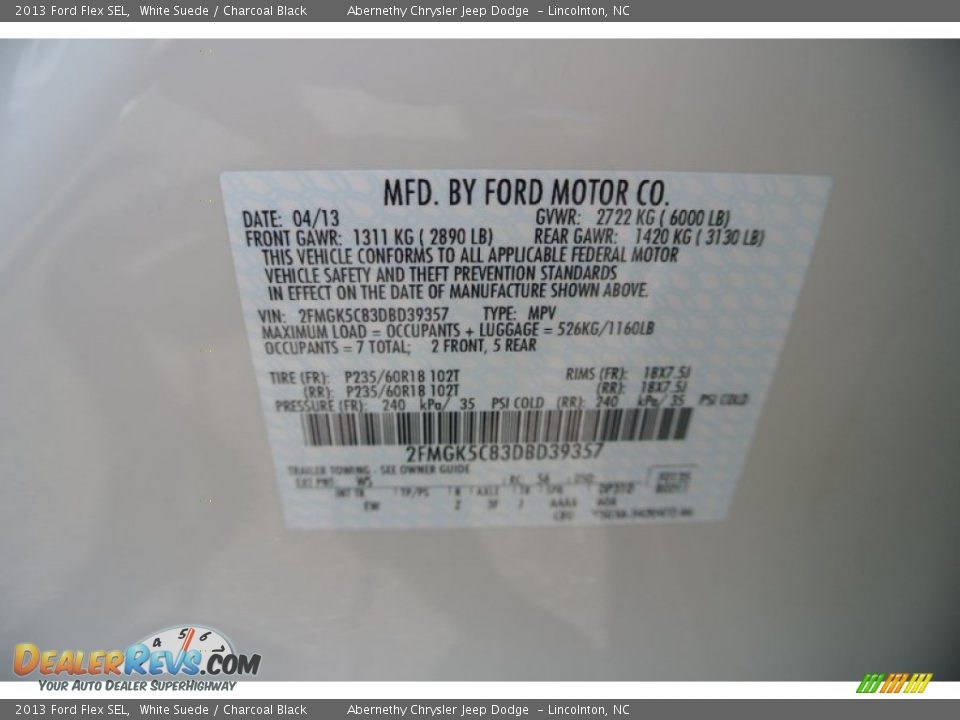 2013 Ford Flex SEL White Suede / Charcoal Black Photo #8