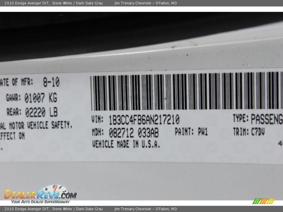 2010 Dodge Avenger SXT Stone White / Dark Slate Gray Photo #17