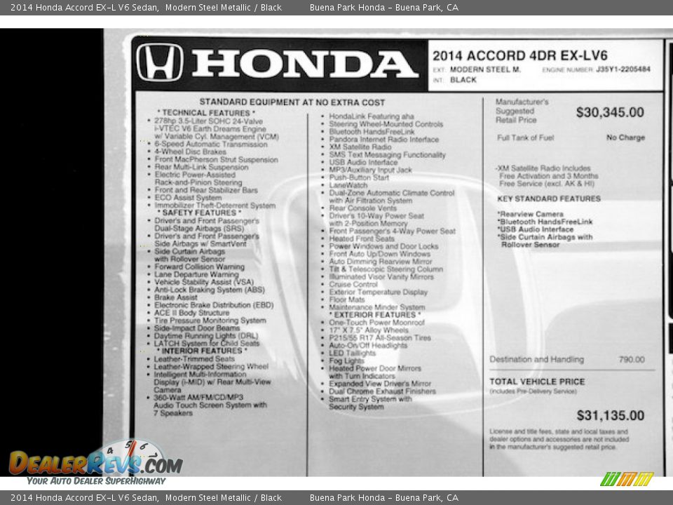 2014 Honda Accord EX-L V6 Sedan Modern Steel Metallic / Black Photo #20