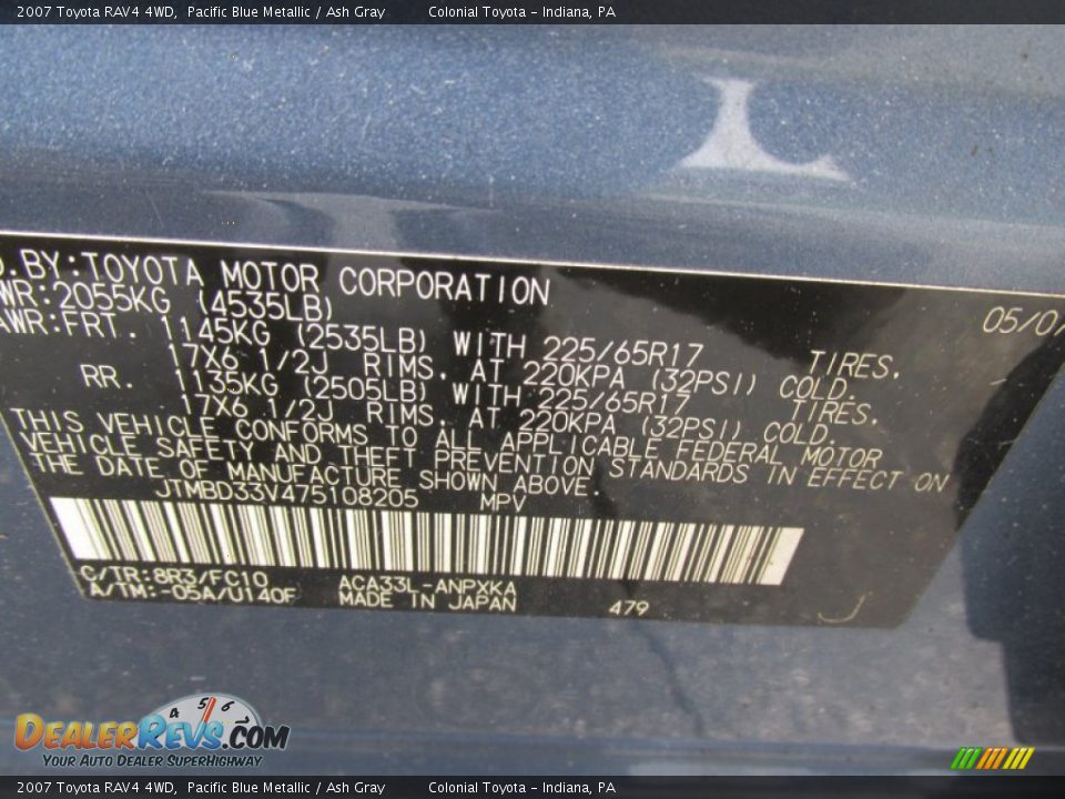 2007 Toyota RAV4 4WD Pacific Blue Metallic / Ash Gray Photo #19