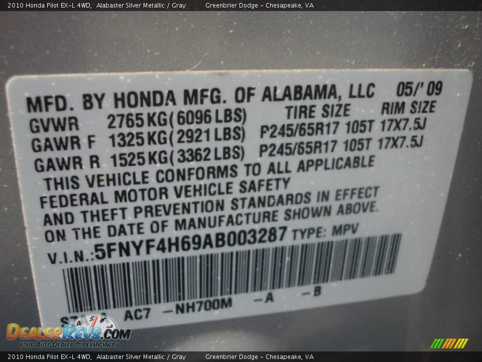 2010 Honda Pilot EX-L 4WD Alabaster Silver Metallic / Gray Photo #29