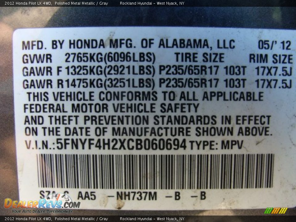 2012 Honda Pilot LX 4WD Polished Metal Metallic / Gray Photo #30