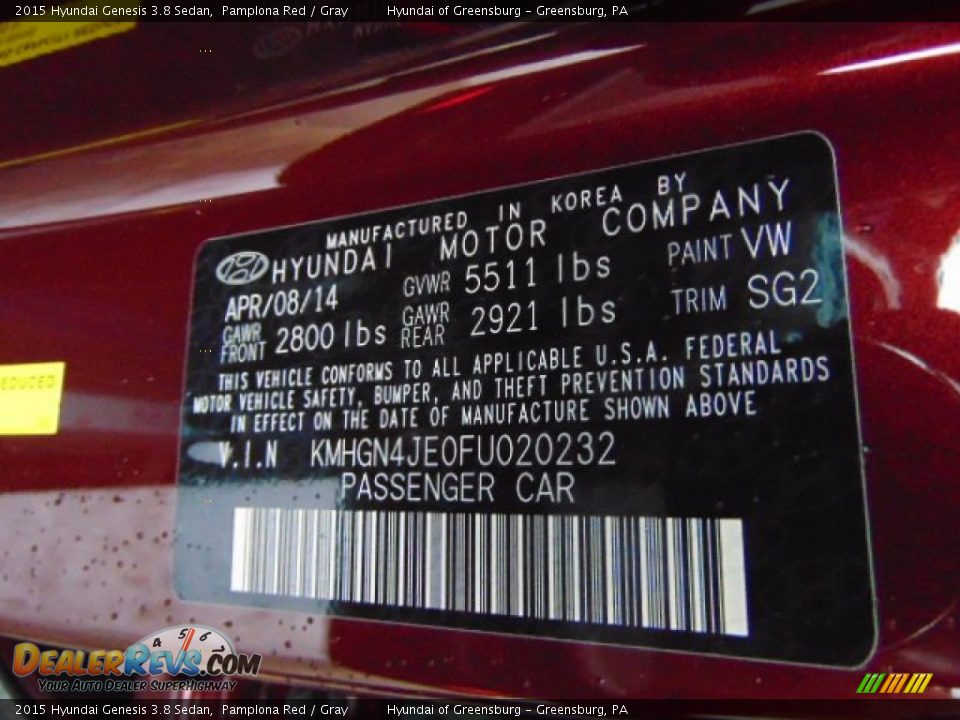 2015 Hyundai Genesis 3.8 Sedan Pamplona Red / Gray Photo #25