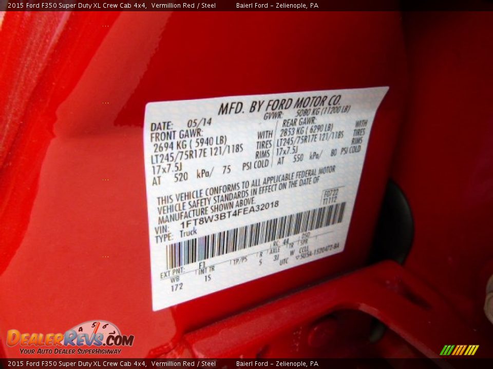 2015 Ford F350 Super Duty XL Crew Cab 4x4 Vermillion Red / Steel Photo #20