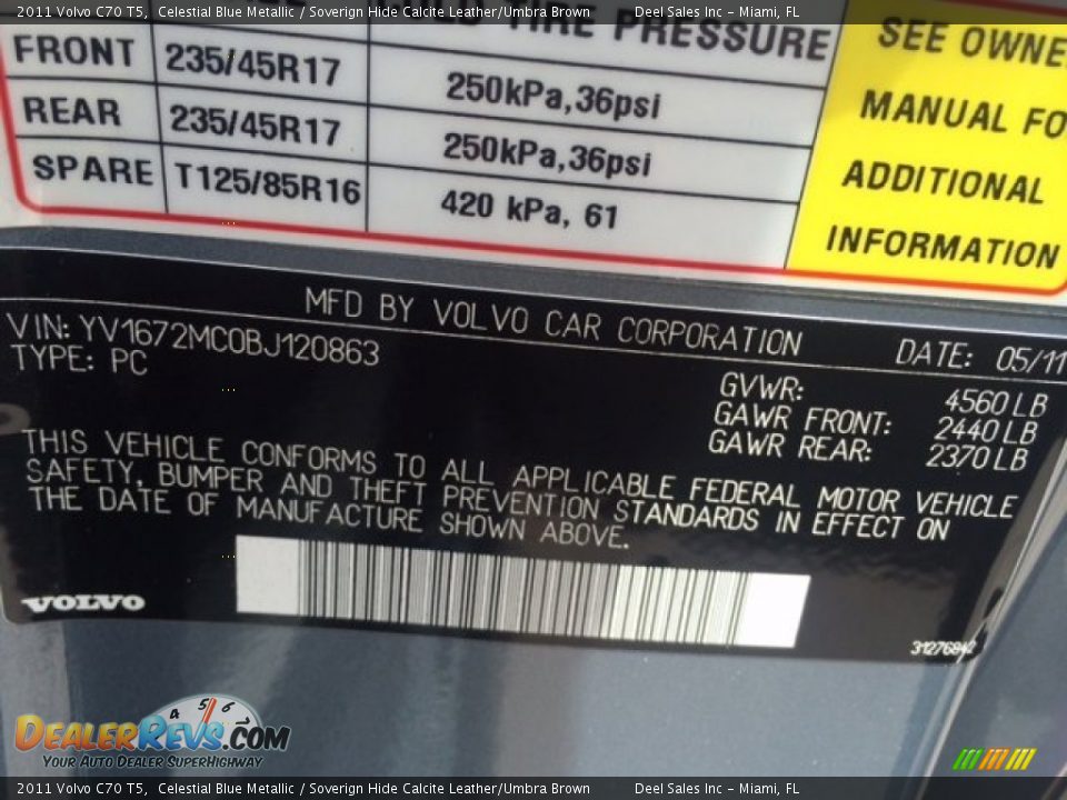 2011 Volvo C70 T5 Celestial Blue Metallic / Soverign Hide Calcite Leather/Umbra Brown Photo #14