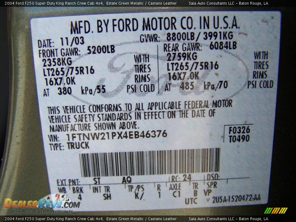 2004 Ford F250 Super Duty King Ranch Crew Cab 4x4 Estate Green Metallic / Castano Leather Photo #13