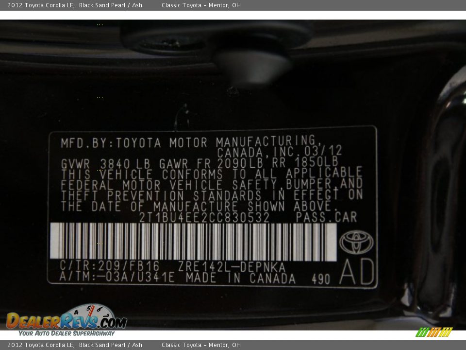 2012 Toyota Corolla LE Black Sand Pearl / Ash Photo #15