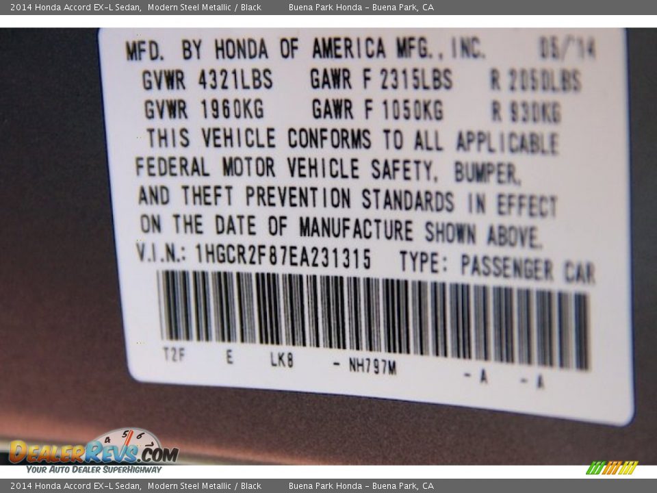 2014 Honda Accord EX-L Sedan Modern Steel Metallic / Black Photo #22