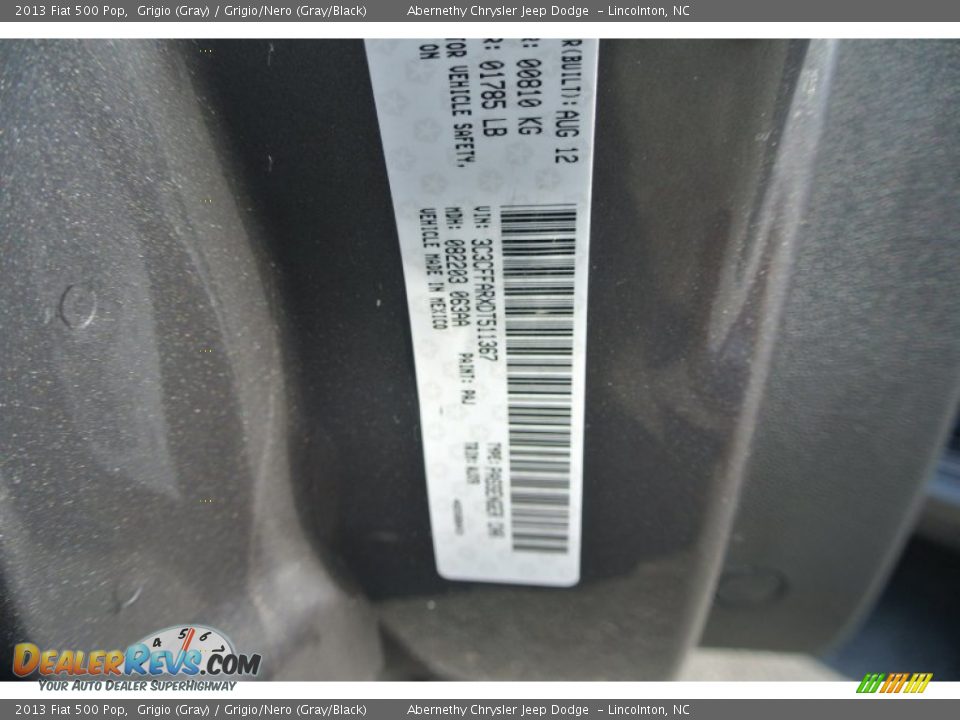 2013 Fiat 500 Pop Grigio (Gray) / Grigio/Nero (Gray/Black) Photo #7