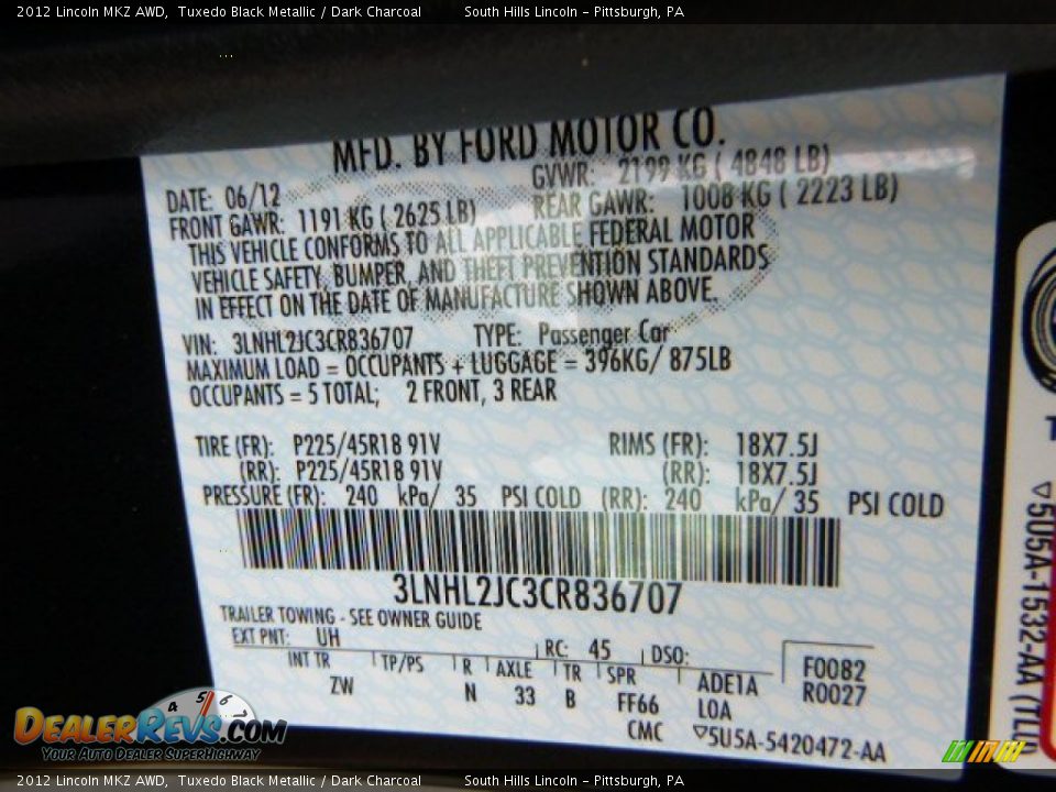 2012 Lincoln MKZ AWD Tuxedo Black Metallic / Dark Charcoal Photo #23