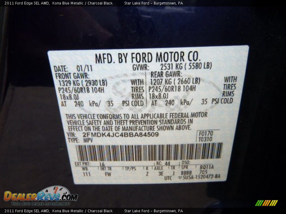 2011 Ford Edge SEL AWD Kona Blue Metallic / Charcoal Black Photo #20