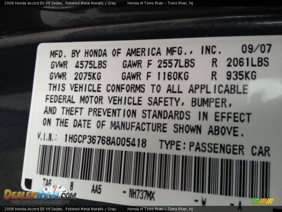 2008 Honda Accord EX V6 Sedan Polished Metal Metallic / Gray Photo #18