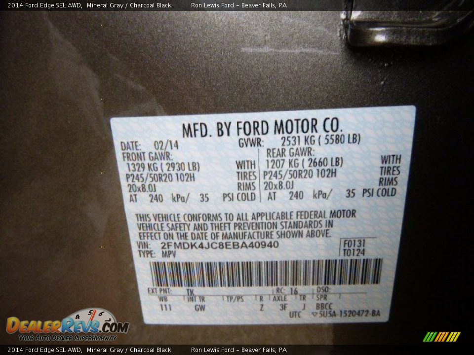 2014 Ford Edge SEL AWD Mineral Gray / Charcoal Black Photo #20