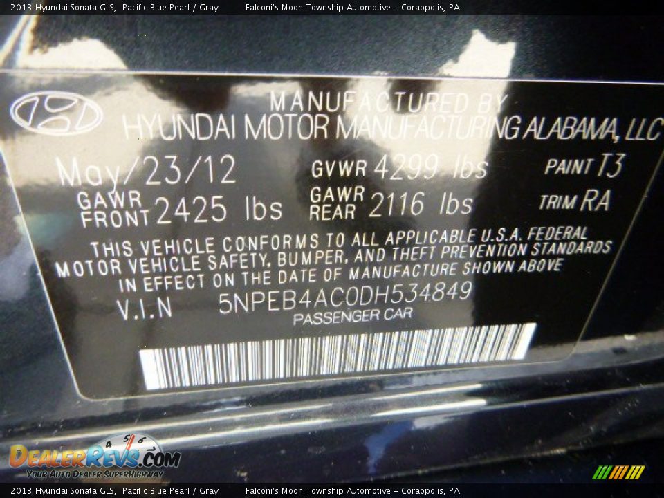 2013 Hyundai Sonata GLS Pacific Blue Pearl / Gray Photo #24