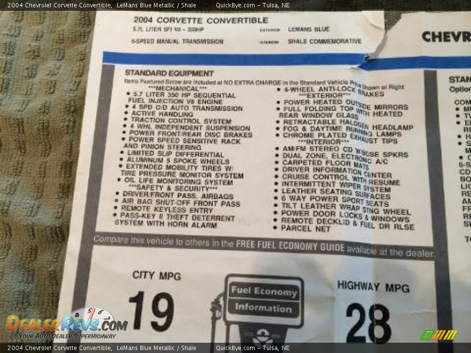 2004 Chevrolet Corvette Convertible Window Sticker Photo #11