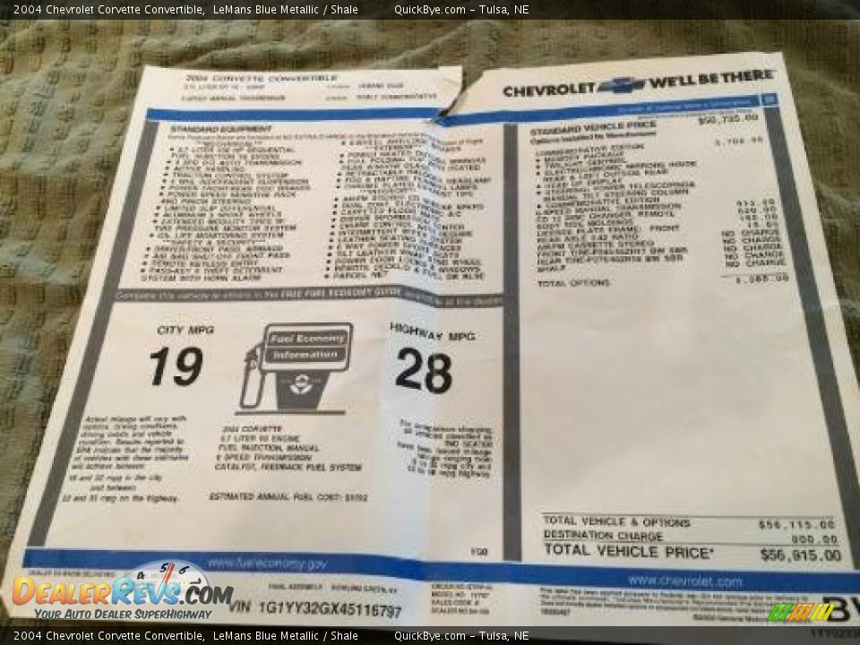 2004 Chevrolet Corvette Convertible Window Sticker Photo #12