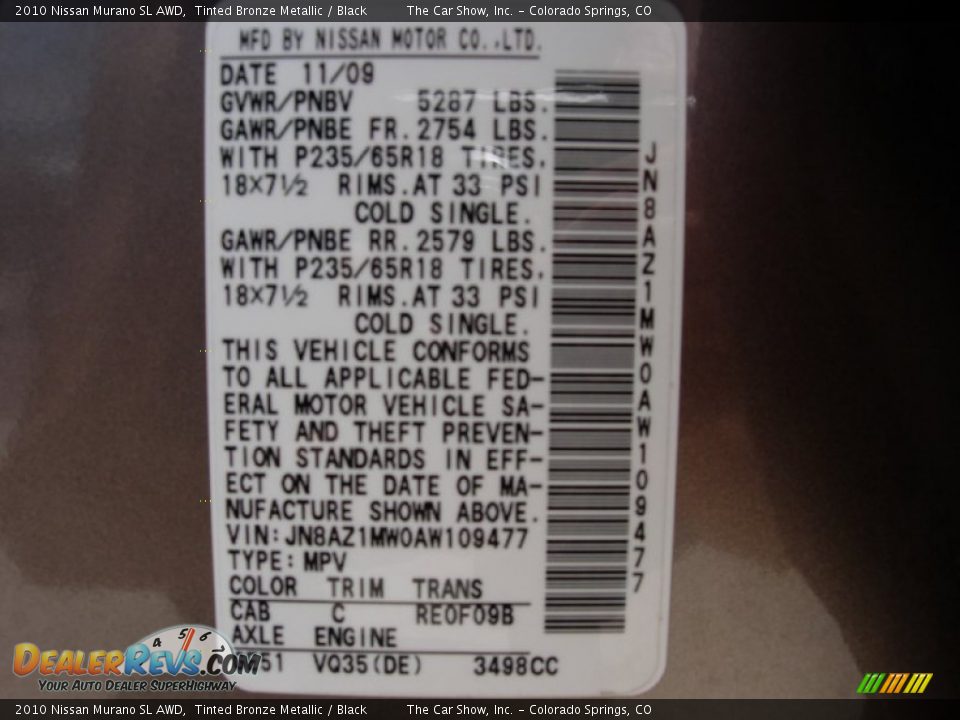 2010 Nissan Murano SL AWD Tinted Bronze Metallic / Black Photo #21