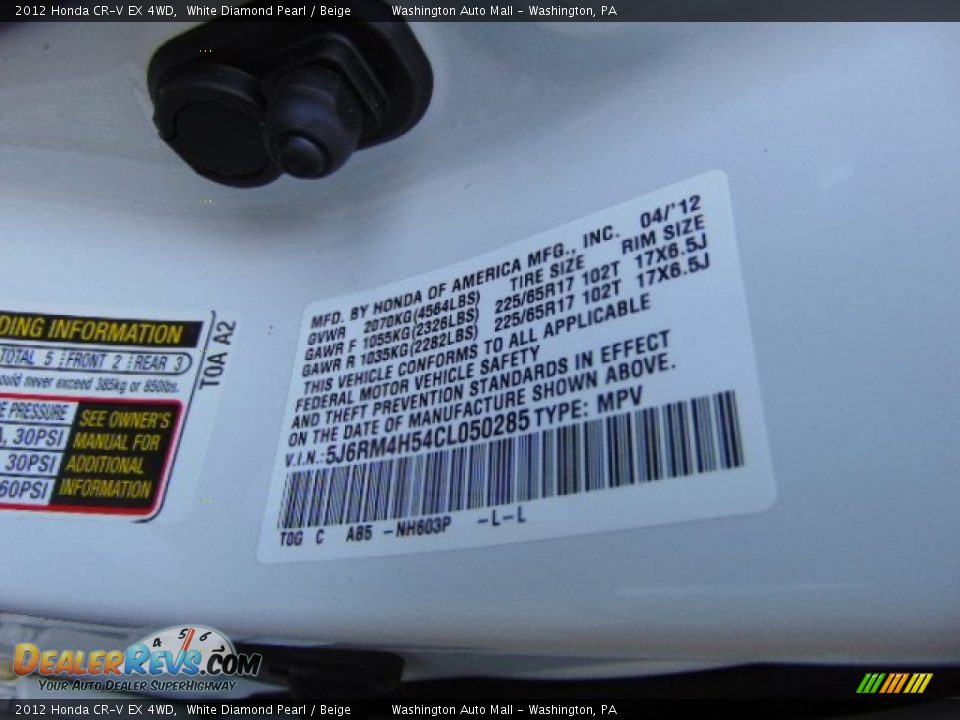 2012 Honda CR-V EX 4WD White Diamond Pearl / Beige Photo #19