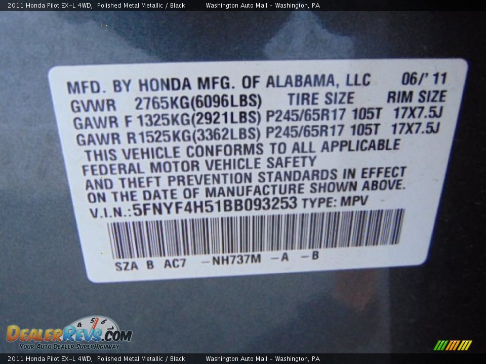 2011 Honda Pilot EX-L 4WD Polished Metal Metallic / Black Photo #19
