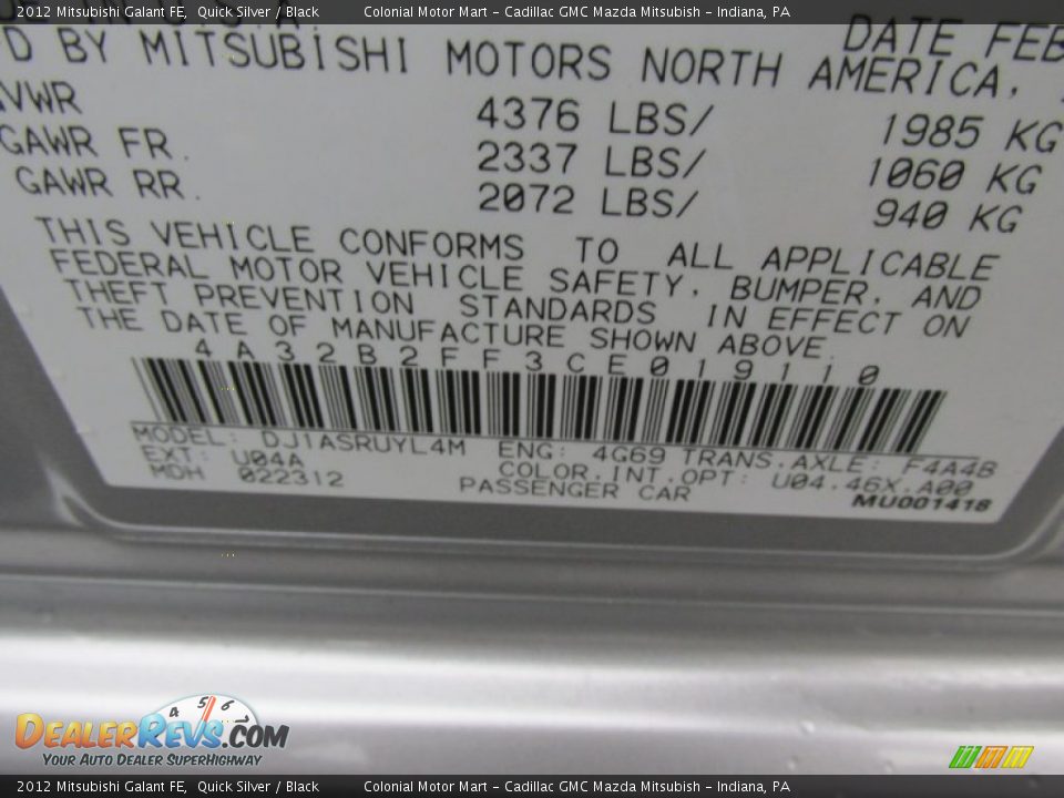 2012 Mitsubishi Galant FE Quick Silver / Black Photo #19