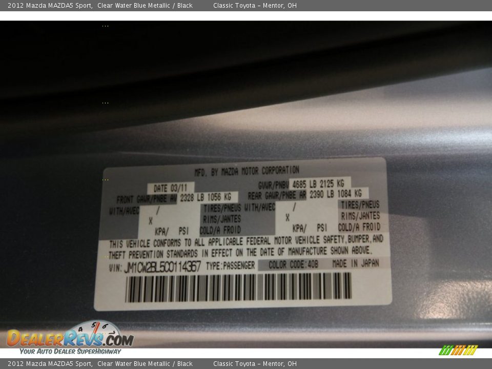 2012 Mazda MAZDA5 Sport Clear Water Blue Metallic / Black Photo #17