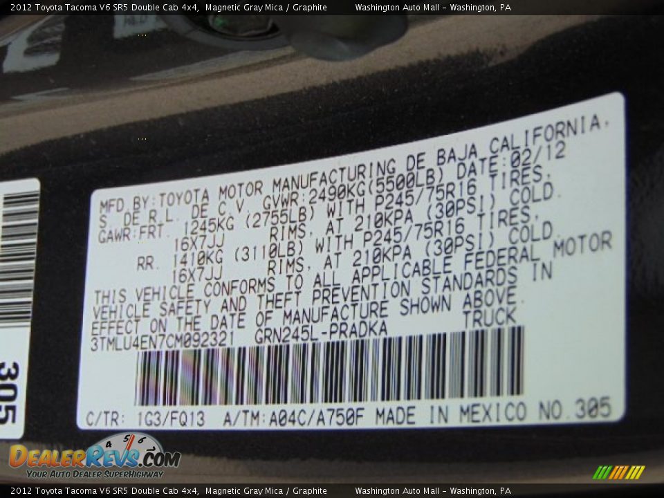 2012 Toyota Tacoma V6 SR5 Double Cab 4x4 Magnetic Gray Mica / Graphite Photo #19