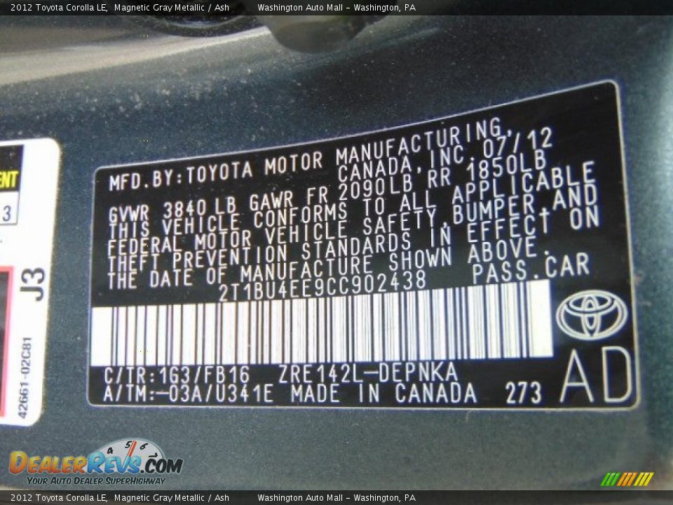 2012 Toyota Corolla LE Magnetic Gray Metallic / Ash Photo #18