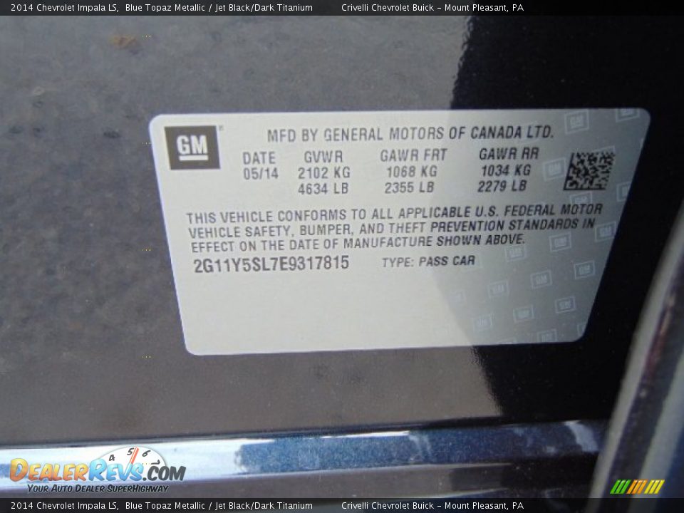 2014 Chevrolet Impala LS Blue Topaz Metallic / Jet Black/Dark Titanium Photo #20