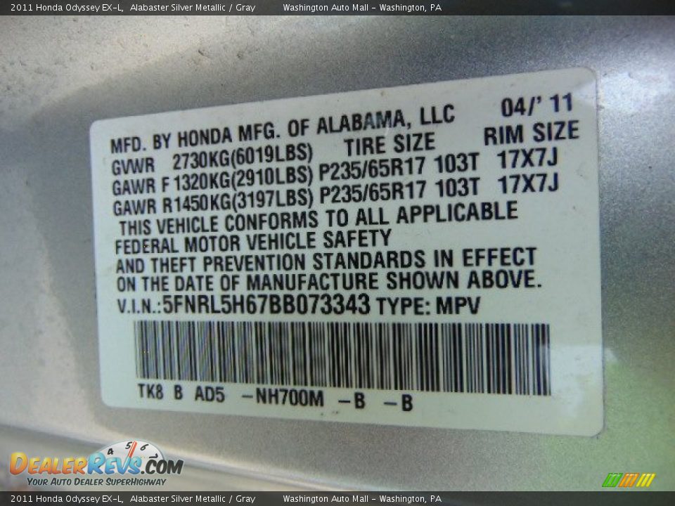 2011 Honda Odyssey EX-L Alabaster Silver Metallic / Gray Photo #20