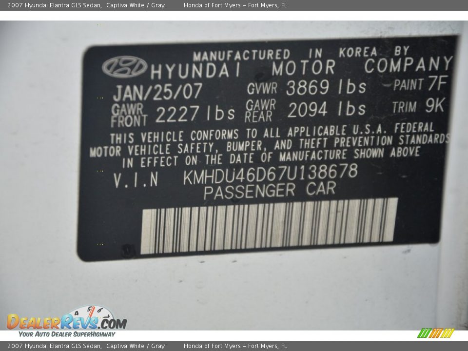 2007 Hyundai Elantra GLS Sedan Captiva White / Gray Photo #32