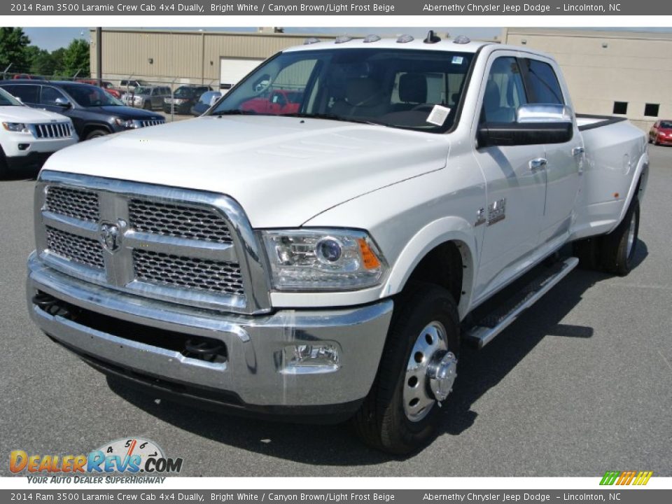 2014 Ram 3500 Laramie Crew Cab 4x4 Dually Bright White / Canyon Brown/Light Frost Beige Photo #1