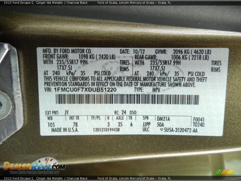 2013 Ford Escape S Ginger Ale Metallic / Charcoal Black Photo #26