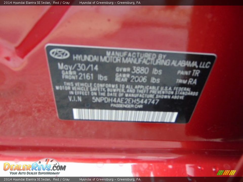 2014 Hyundai Elantra SE Sedan Red / Gray Photo #15