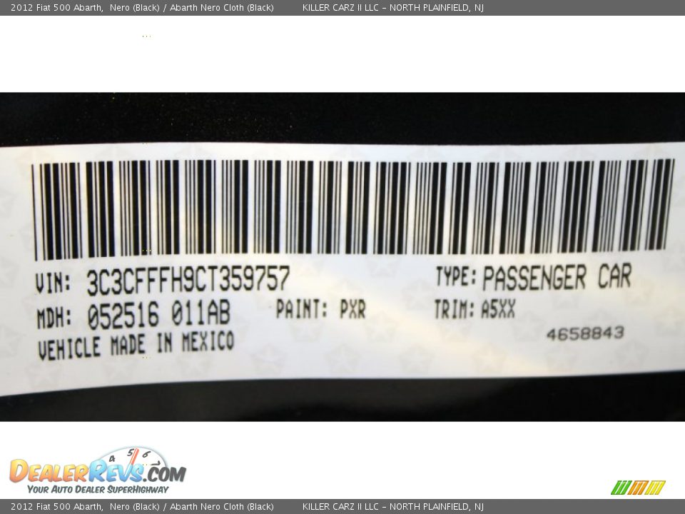 2012 Fiat 500 Abarth Nero (Black) / Abarth Nero Cloth (Black) Photo #29