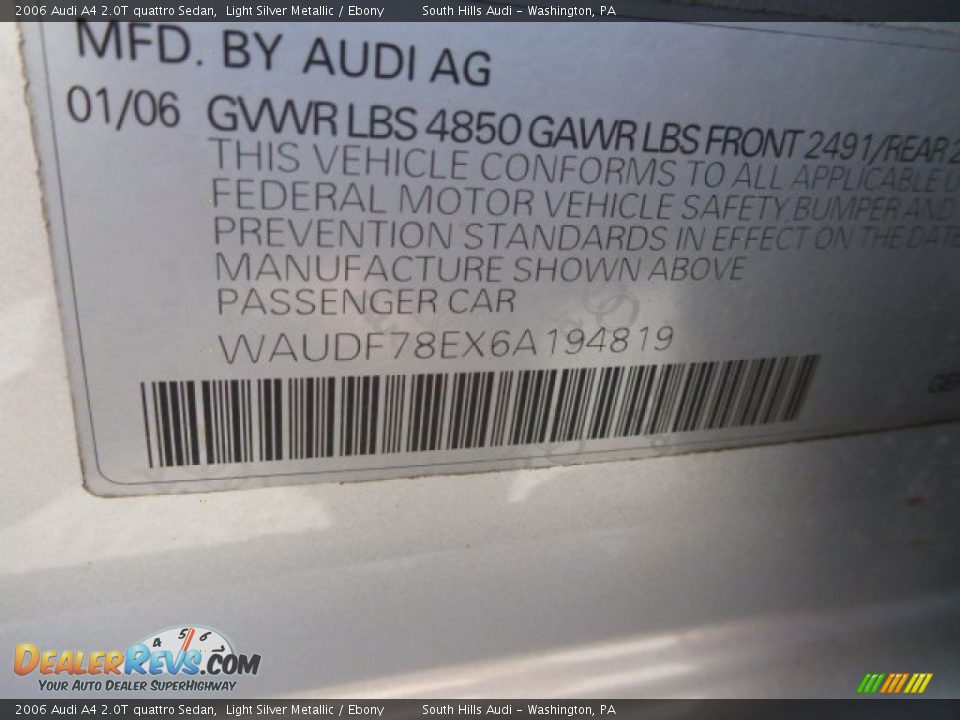 2006 Audi A4 2.0T quattro Sedan Light Silver Metallic / Ebony Photo #15