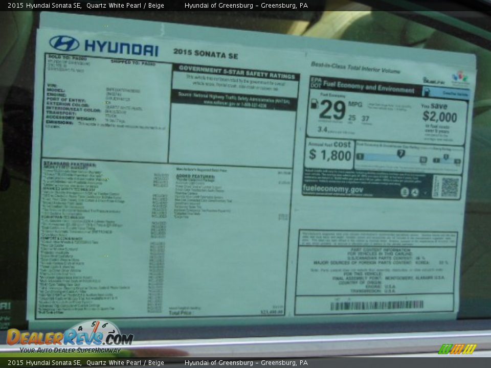 2015 Hyundai Sonata SE Quartz White Pearl / Beige Photo #7