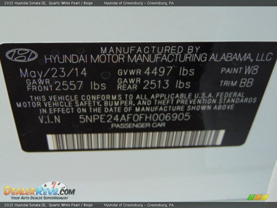 2015 Hyundai Sonata SE Quartz White Pearl / Beige Photo #20