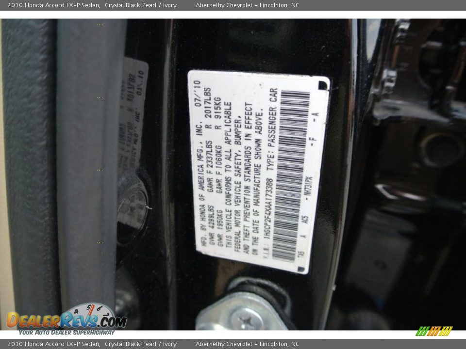 2010 Honda Accord LX-P Sedan Crystal Black Pearl / Ivory Photo #7
