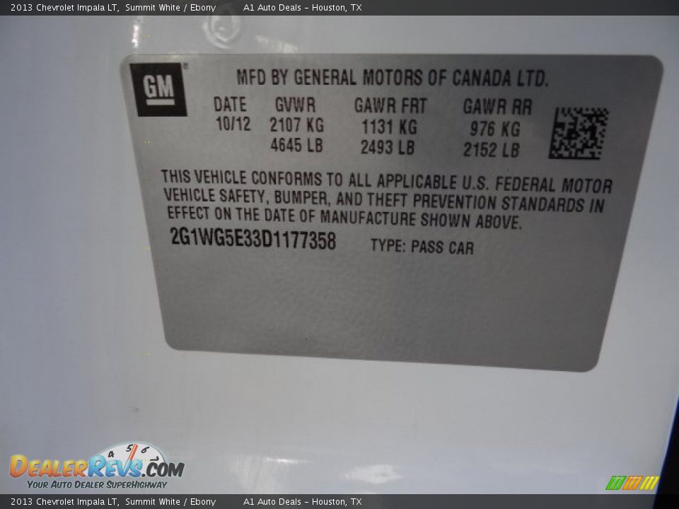 2013 Chevrolet Impala LT Summit White / Ebony Photo #34